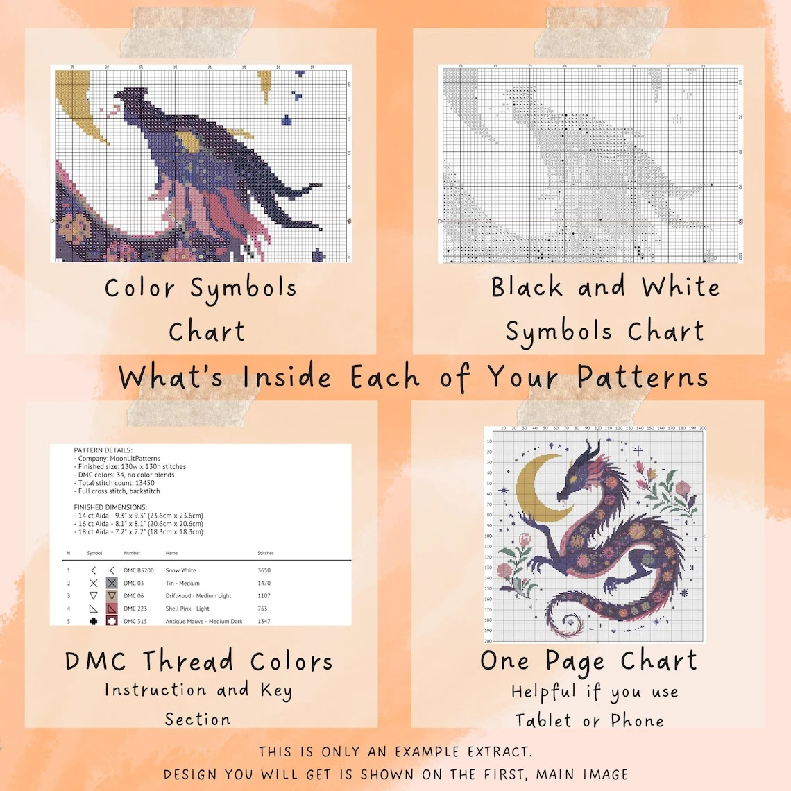 Dragon and crescent moon design shown in the supplied sample chart