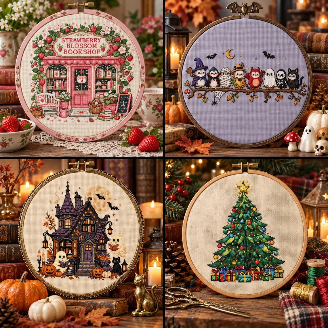 Pink floral bookshop cross-stitch design preview
